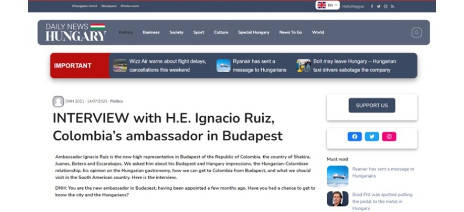 Conozca la entrevista del medio Daily News Hungría al embajador colombiano Ignacio Ruiz 