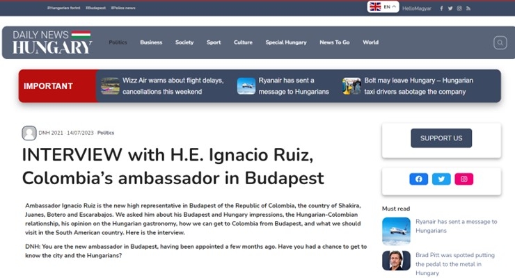 Conozca la entrevista del medio Daily News Hungría al embajador colombiano Ignacio Ruiz 